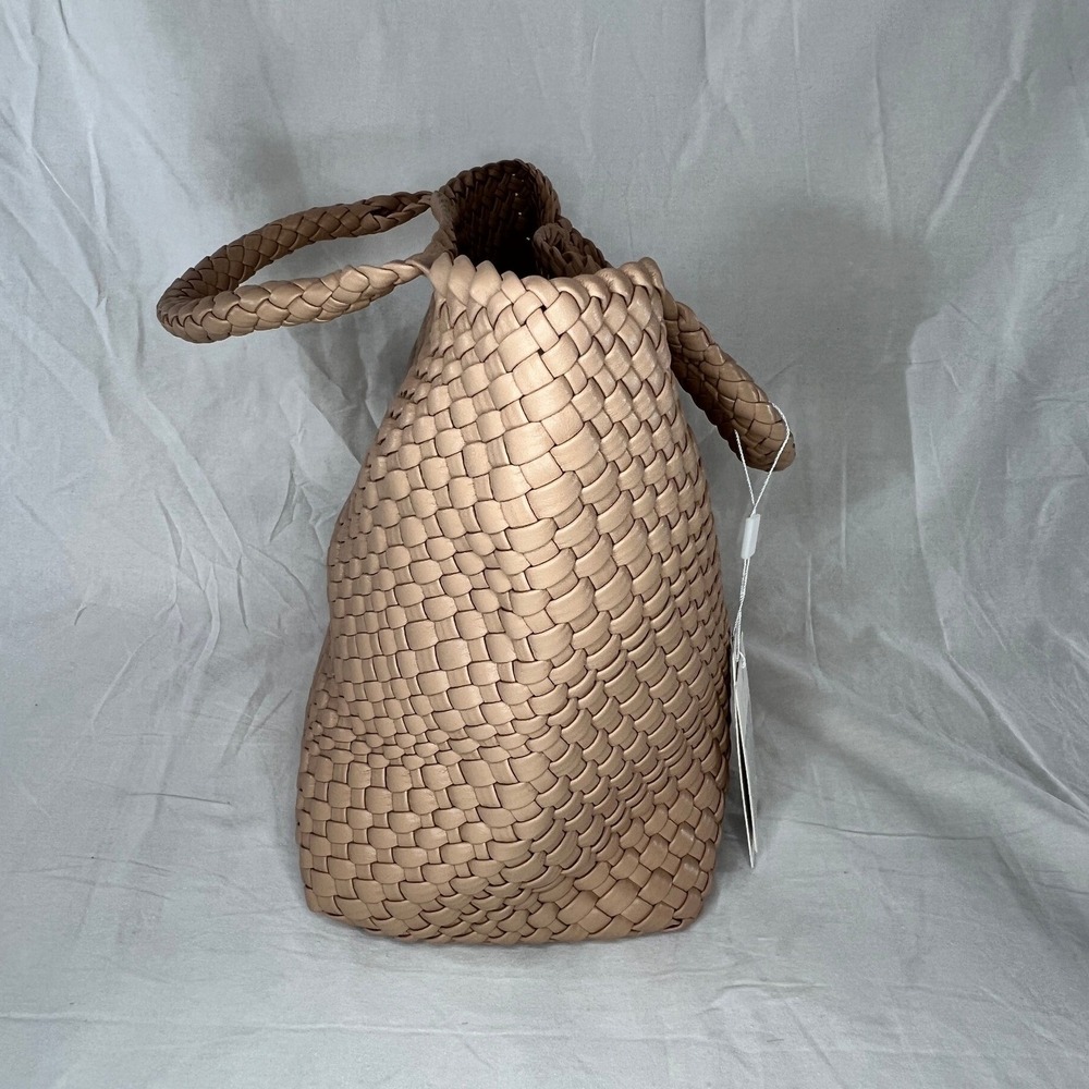 leather woven tote bag tan basket‎ weave shoulder handbag queenoris NWT - Picture 5 of 10